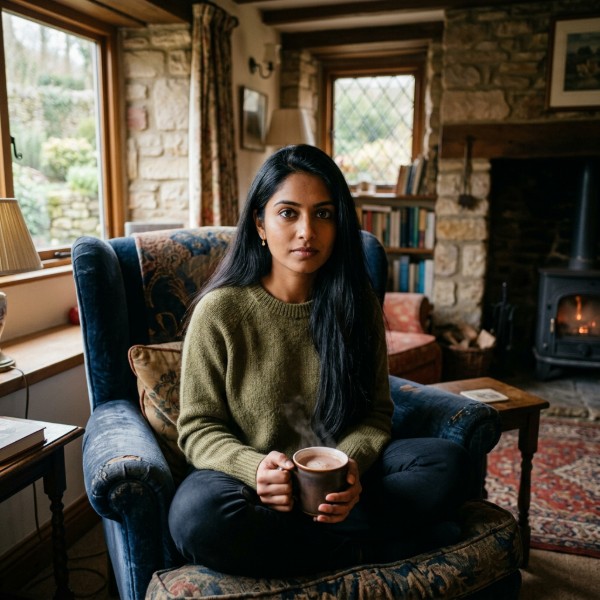Connie, one of the None Of This Is Real housemates, relaxing by the fire