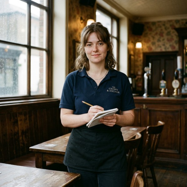 Rose, one of the None Of This Is Real housemates, working behind a pub bar