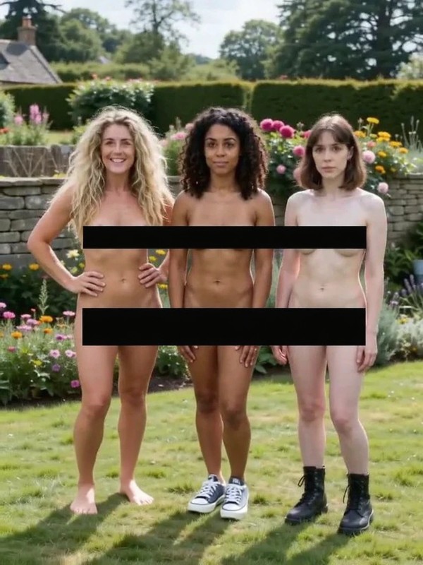 Three of the None Of This Is Real housemates in a garden, censored for the website